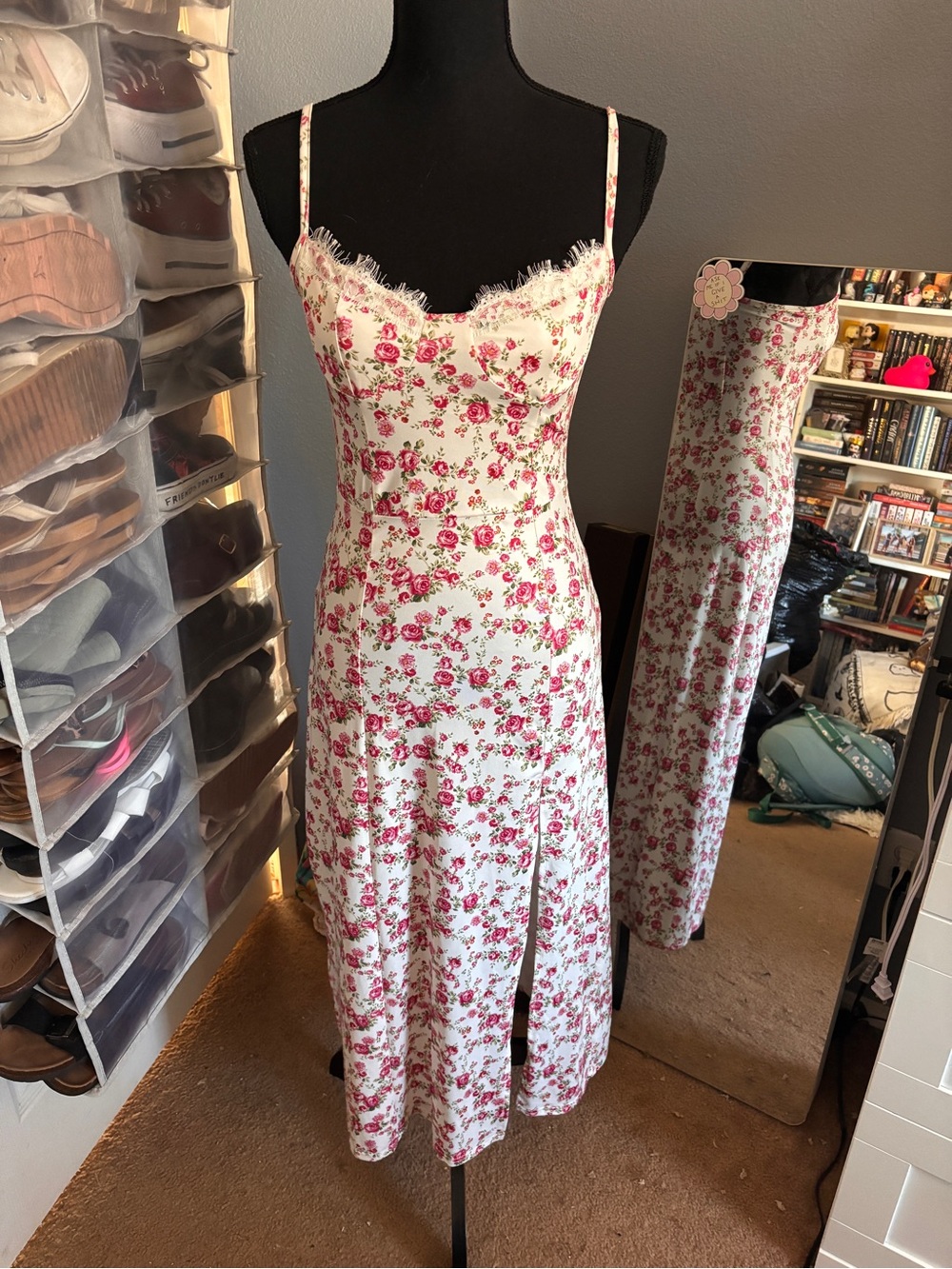 SHEIN White Floral Lace-Trim Slip Dress with Pink Rose Print